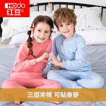 Childrens cotton thermal underwear set mens and womens autumn and winter childrens printed three-layer cotton thermal underwear set