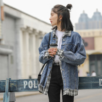 Denim coat female 2021 autumn and winter New Korean tide ins harbor wind loose bf fake two pieces mosaic plaid top