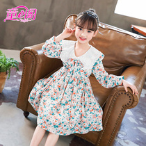 Girls petal collar waist floral skirt autumn dress new childrens lady skirt in the big boy small fresh chiffon dress