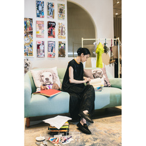 Spot (Fashion Week) coated moon design black jacquard round collar dress with loose retro-style satin long dress