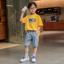 Childrens clothing boys summer suit 2021 new childrens foreign style summer Korean handsome short sleeve denim two-piece tide