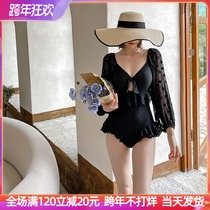 Sanya holiday retro solid color Net red hot spring vacation Black thin long sleeve triangle sexy one-piece swimsuit female summer