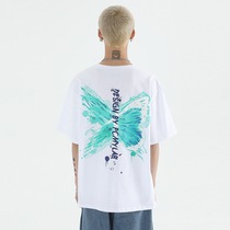 PCMY butterfly brush with short sleeve t-shirt ins Chains Chauffè personality port Lovers Original Accommodation Bf Wind Loose Hip Hop Casual