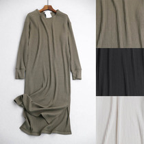016C 0917 generous ji Jane type round collar solid vertical stripe knit loose with long style dress