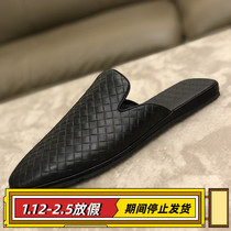 2020 summer new leather breathable trendy brand press woven Baotou Korean style half slippers without heel slippers mens shoes