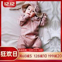 ins childrens clothes baby cute rabbit ears climbing clothes spring and autumn clothes baby soft bag fart jumpsuit hoodie autumn clothes