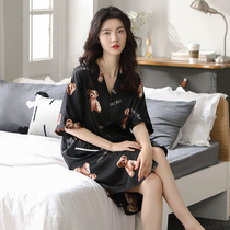 Bear Print ~ Fried Chicken Sexy Pajamas Women Summer Thin Nightdress Women Ice Silk Short Sleeve Large Size Home Clothes