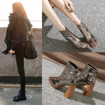 Martin boots womens 2021 new winter autumn and winter high-heeled womens shoes all-match fashion thick-heeled booties patent leather beige