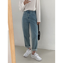 (JUSLIN) classic washed dark blue light blue loose thin retro denim pants F0743