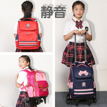 Childrens six-wheeled tie rod schoolbag primary school boy girl with wheels 1-3-5 grade waterproof towing box climbing floor 4