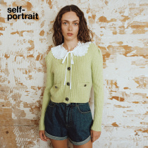 self-portrait fruit green bow-tie doll-neck knitted long-sleeve top