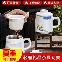 Personal office teacup 999 silver liner with lid with filter tea water separation high-grade sheep fat jade porcelain water cup simple