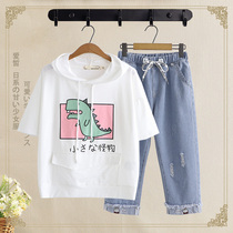 Junior high school students summer dress womens two-piece set 2020 new Korean version of the college style girl loose T-shirt middle school students two-piece set