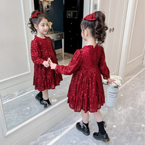 girl's red dress winter 2022 new western style children's sequins princess dress net red girl's fleece dress