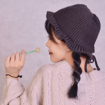 Hat female Han soft girl solid color cute hat autumn and winter hat lace wool hat ruffle casual knitted fishermans hat