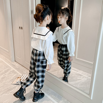 Girl autumn suit 2021 new spring and autumn foreign style children JK wind lapel collar shirt Plaid tooling two-piece