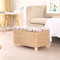 Silk storage stool Storage stool Pu grass woven solid wood shoe stool can sit Nordic style creative durable and strong
