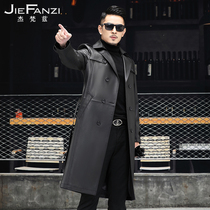 2021 new leather leather men long knee trench coat Haining head coat coat tide