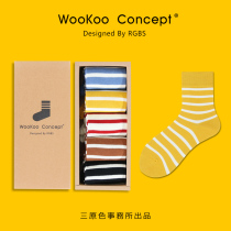 WooKoo socks children spring and autumn middle barrel exposed Japanese Korean stockings thick sweat-absorbing breathable contrast stripe box