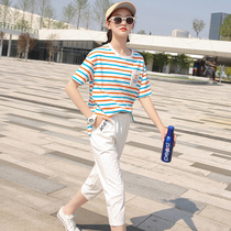 Student sports suit women cotton striped T-shirt junior high school students summer new college style casual jeans 15 years old