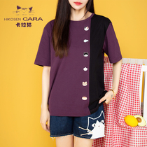 HIKOSEN CARA KARA CAT Japan trendy brand short-sleeved T-shirt cute cat contrast loose and versatile womens top