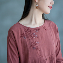 Orchid (listening to the aftermath of the years) linen embroidered dress long sleeve loose pleated skirt