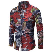 Autumn and winter men's shirt casual cotton hemp floral larg