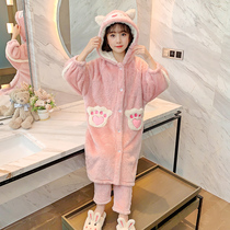 Childrens flannel pajamas winter girls coral velvet thickened suit Cornus powder hooded girl home wear