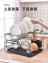 Kitchen dish rack Nordic black double plate Cup finishing drain rack basket drying bowl chopsticks storage rack