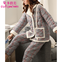 Pajamas womens winter three-layer cotton thickened and velvet cotton womens autumn and winter warm winter suits home clothes women
