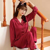 Thousands Birds Gg Jacquard Spring Fall Pyjamas Woman Long Sleeve Thin ice Silk This year Home Suits Suit Red Wedding New
