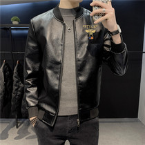 Embroidered leather men 2021 New Spring embroidered leather jacket spring and autumn mens fashion baseball collar coat clothes