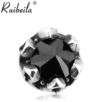 ruibeila925 silver black stone vintage crown silver stud earrings boys round stud earrings European and American personality Thai silver punk