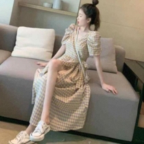 Small skirt V-neck fresh sleeve bubble dress summer French temperament waist mid-long section over-the-knee girl plaid
