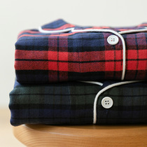 Japanese cotton flannel spring and autumn warm homewear suit men and women couples unprinted plaid soft pajamas special offer