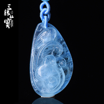 Three-edge certificate treasure sea blue treasure pendant female sea blue treasure pendant runblue original stone carving crystal necklace mens jewelry gift