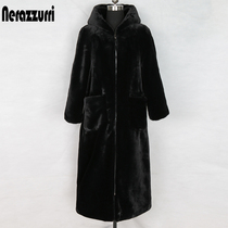 nerazzurri Faux Rabbit Coat Womens Long Hooded Zipper Black Faux Plush Eco-friendly Fur Coat