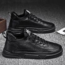Mens shoes 2021 new autumn chef casual small leather shoes British Korean trend Joker pure black board shoes trendy shoes