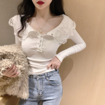 Spring and autumn new slim lace stitching lapel long-sleeved T-shirt Womens sense of thin base shirt Hong Kong flavor inside the top