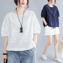 Pure cotton embroidery short sleeve T-shirt woman 2022 summer dress new loose big code display slim and fat sister foreign air hollowed-out blouse