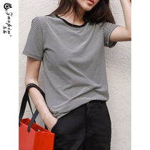 ins wind summer dress new Korean version bump color 100 hitch slim striped short sleeve T-shirt female student loose and thin round collar blouse