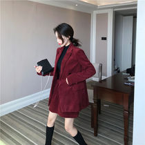 Temperament to wear a light and cooked winery red light Core suede suit dress Loose Straight Drum Pants Woman Suit Jacket Three Sets