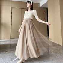 Half body dress Women in summer medium length 2022 spring black high waist mesh yarn dress 100 plexedress white fairy long dress