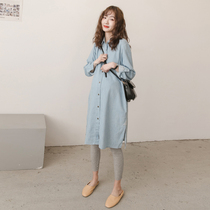 Pregnant Woman Shirt Dress Spring Autumn Loose Korean version in Korean version Long Tidal Moms Breastfeeding Skirt Autumn Clothing Fashion Denim Cotton Lining Blouse