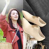 Net red high-heeled womens shoes 2021 new autumn spring and autumn all-match thick heel pointed deep mouth single shoes small leather shoes beige