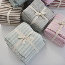 Japanese pure cotton knitted striped four-piece set of unprinted Tianzhu cotton special quilt cover sheets Student dormitory double bed products