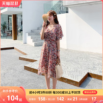 2022 Fat MM summer suit new V-collar short-sleeved thin snow-broken flower-covered bloom large-yard dress 200 pounds