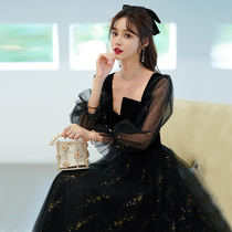 Evening dress Dress Hostess Temperament 2022 New Summer Velvet Black Long Sleeve Temperament to host Light Extravagant High-end