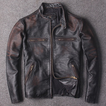 American casual hand-rubbed color old stand-up collar Slim motorcycle cowhide jacket Mens spring and autumn casual leather leather clothing