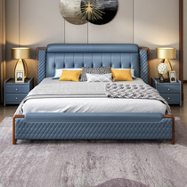 Nordic leather bed Simple leather bed double 1 8 meters modern first layer cowhide blue large master bedroom wedding bed tatami